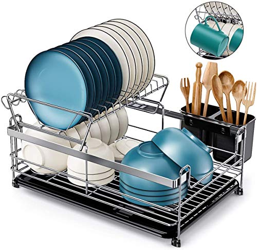 Homemaxs Dish Drying Rack,2020 Newest 2 Tier Small Kitchen Dish Rack and Drainboard Set, 304 Stainless Steel 17