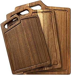 HBlife Extra Thick Acacia Wood Cutting Board for Kitchen with Handles & Juice Groove, 3-Pieces Set Assorted Sizes - Butcher Block for Chopping Meat Cheese and Vegetables