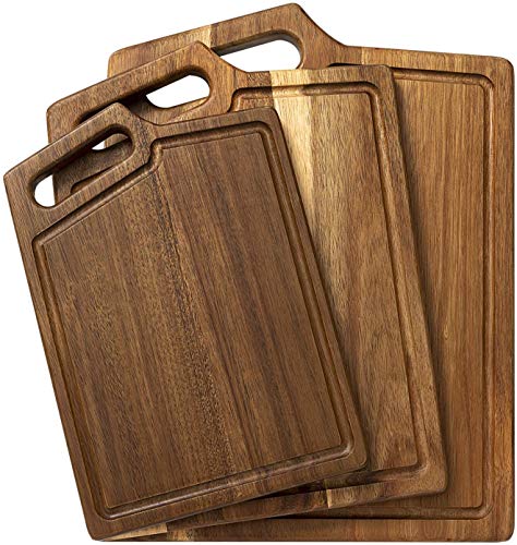 HBlife Extra Thick Acacia Wood Cutting Board for Kitchen with Handles & Juice Groove, 3-Pieces Set Assorted Sizes - Butcher Block for Chopping Meat Cheese and Vegetables