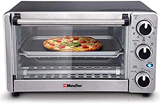 Toaster Oven 4 Slice, Multi-function Stainless Steel Finish with Timer - Toast - Bake - Broil Settings, Natural Convection - 1100 Watts of Power, Includes Baking Pan and Rack by Mueller Austria