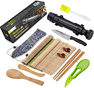 Sushi Making Kit - All In One Sushi Bazooka Maker with Bamboo Mats, Bamboo Chopsticks, Avocado Slicer, Paddle,Spreader,Sushi Knife, Chopsticks Holder, Cotton Bag - DIY Sushi Roller Machine