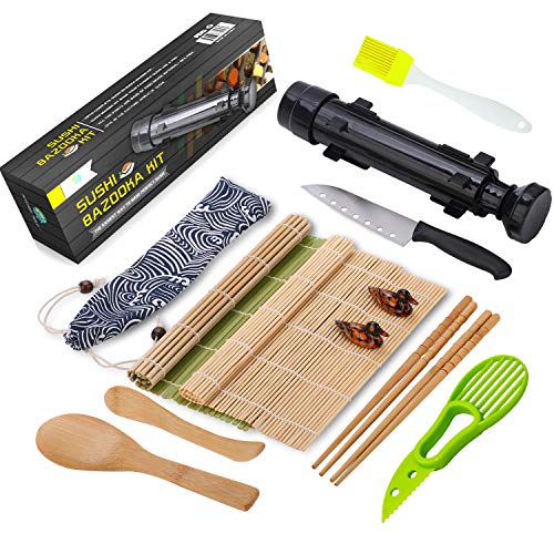 Sushi Making Kit - All In One Sushi Bazooka Maker with Bamboo Mats, Bamboo Chopsticks, Avocado Slicer, Paddle,Spreader,Sushi Knife, Chopsticks Holder, Cotton Bag - DIY Sushi Roller Machine