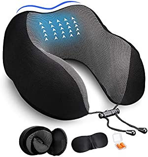 DYD Travel Pillow Memory Foam Neck Pillow for Airplane Breathable & Washable Velour Cover Ergonomic Neck Support Pillow with Sleep Mask & Earplugs