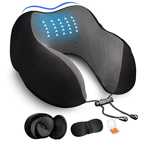 DYD Travel Pillow Memory Foam Neck Pillow for Airplane Breathable & Washable Velour Cover Ergonomic Neck Support Pillow with Sleep Mask & Earplugs