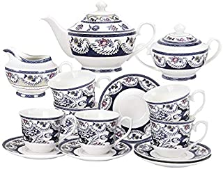 fanquare 15 Pieces Blue Vintage China Tea Set Tea Party Set for Women,Flora Porcelain Coffee Set