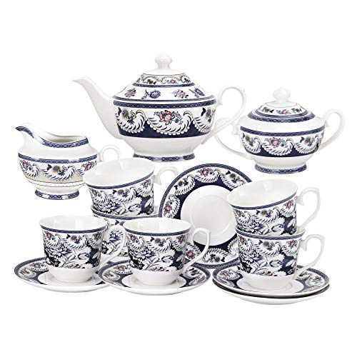 fanquare 15 Pieces Blue Vintage China Tea Set Tea Party Set for Women,Flora Porcelain Coffee Set