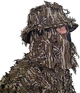 QuikCamo Mossy Oak Bottomland Original Camo Bucket Hat with Built-in 3D Leafy Face Mask, Turkey Hunting Gear for Ghillie Suits and Bowhunting (Adjustable, One Size Fits Most)