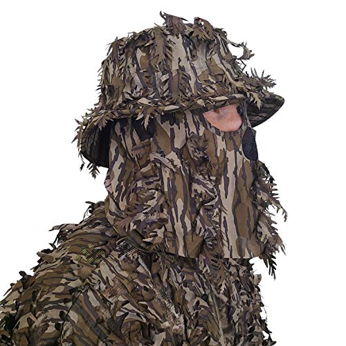 QuikCamo Mossy Oak Bottomland Original Camo Bucket Hat with Built-in 3D Leafy Face Mask, Turkey Hunting Gear for Ghillie Suits and Bowhunting (Adjustable, One Size Fits Most)