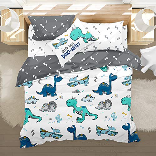 Treehouse Kids NZ Dinosaur Boys Bedding Duvet Cover Set Cute Jurassic Animals Twin White Grey Blue Mint Reversible, Dinosaur Duvet Set, 100% Microfiber Boys 68x86 inches