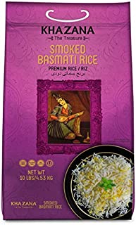 Khazana Premium Smoked Basmati Rice - 10lb Resealable Ziploc Bag | NON-GMO, Gluten-Free, Kosher & Cholesterol Free | Aged Aromatic, Flavorful, Authentic Grain From India