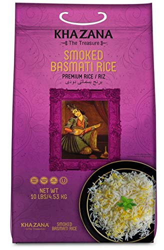 Khazana Premium Smoked Basmati Rice - 10lb Resealable Ziploc Bag | NON-GMO, Gluten-Free, Kosher & Cholesterol Free | Aged Aromatic, Flavorful, Authentic Grain From India