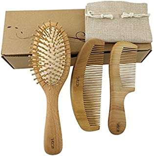 Natural Wood Hair Brush with Wooden Bristles Massage Scalp Comb and Peach Wood Beard Comb for Men and Women 3 pcs