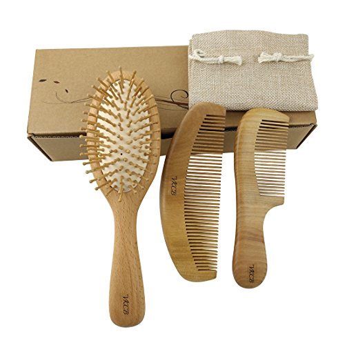 Natural Wood Hair Brush with Wooden Bristles Massage Scalp Comb and Peach Wood Beard Comb for Men and Women 3 pcs