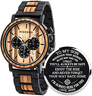 BOBO BIRD Mens Personalized Engraved Wooden Watches, Stylish Wood & Stainless Steel Combined Quartz Casual Wristwatches for Men Family Friends Customized Watch(B-for Son from Mom)