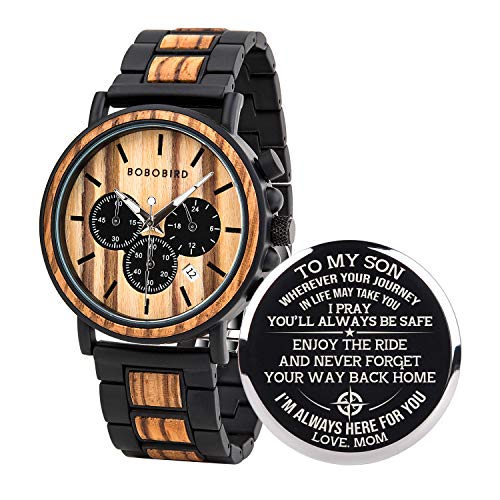 BOBO BIRD Mens Personalized Engraved Wooden Watches, Stylish Wood & Stainless Steel Combined Quartz Casual Wristwatches for Men Family Friends Customized Watch(B-for Son from Mom)