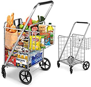 Shopping Cart, Jumbo Double Basket Grocery Cart 330 lbs Capacity Folding Shopping Cart with 360° Rolling Swivel Wheels Super Loading Utility Shopping Cart for Laundry, Shopping, Grocery, Luggage