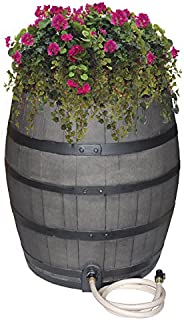 Emsco Group 2244-1 Rescue 50-Gallon Black Includes Planter, Water Diverter, Outlet Hose  Flatback Design 50 Gallon Whiskey rain Barrel, Gray with Painted Bands