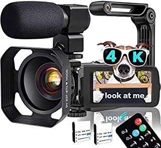 Video Camera, TLPUHU 4K Camcorder WiFi Ultra HD 48MP YouTube Camera for Vlogging, 3.1'' IPS Screen 18X Digital Zoom Video Camera with Microphone, 2 Batteries, Handheld Stabilizer(SD Card not Included)