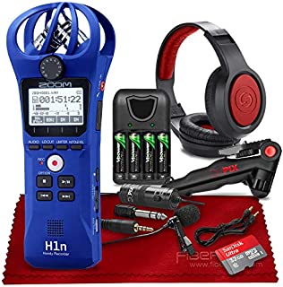 Zoom H1n 2-Input / 2-Track Portable Handy Recorder with Onboard X/Y Microphone (Blue) + Xpix Professional Lavalier Microphone, Stereo Headphones, 32GB SD Card, AAA Batteries & Charger & Accessories