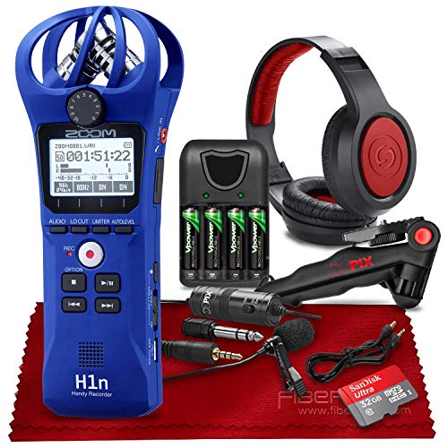 Zoom H1n 2-Input / 2-Track Portable Handy Recorder with Onboard X/Y Microphone (Blue) + Xpix Professional Lavalier Microphone, Stereo Headphones, 32GB SD Card, AAA Batteries & Charger & Accessories