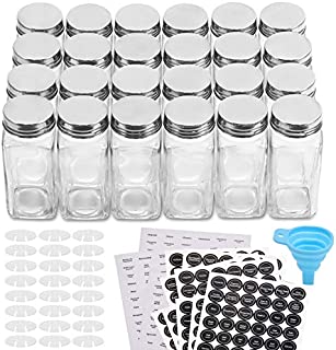 Aozita 24 Pcs Glass Spice Jars/Bottles - 4oz Empty Square Spice Containers with 810 Spice Labels - Shaker Lids and Airtight Metal Caps - Silicone Collapsible Funnel Included