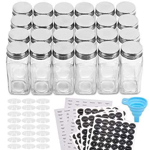 Aozita 24 Pcs Glass Spice Jars/Bottles - 4oz Empty Square Spice Containers with 810 Spice Labels - Shaker Lids and Airtight Metal Caps - Silicone Collapsible Funnel Included