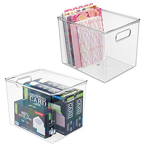 mDesign Plastic Storage Bin with Handles for Office, Desk, Book Shelf, Filing Cabinet - Organizer for Sticky Notes, Pens, Notepads, Pencils, Supplies - BPA Free, 10