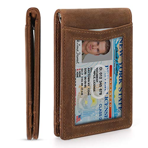 Vemingo Front Pocket Wallet for Men RFID Blocking Slim Wallets with Money Clip Bifold Women Genuine Leather Wallet with ID Window