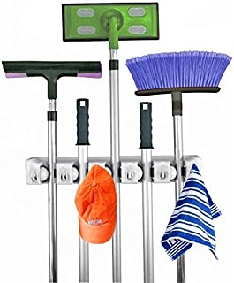 Home- It Mop and Broom Holder, 5 Position with 6 Hooks Garage Storage Holds up to 11 Tools, Storage Solutions for Broom Holders, Garage Storage Systems Broom Organizer for Garage Shelving Ideas