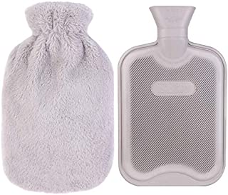 HomeTop Premium Classic Rubber Hot Water Bottle w/Luxurious Faux Fur Plush Fleece Cover (2L, Gray)