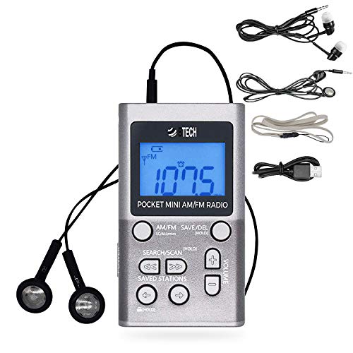 BTECH MPR-AF1 AM FM Personal Radio with Two Types of Stereo Headphones, Clock, Great Reception and Long Battery Life, Mini Pocket Walkman Radio with Headphones (Silver)