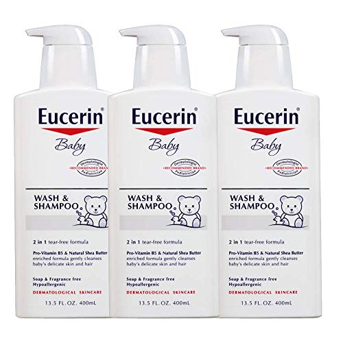 Eucerin Baby Wash & Shampoo - 2 in 1 Tear Free Formula, Hypoallergenic & Fragrance Free, Nourish and Soothe Sensitive Skin - 13.5 fl. oz. Pump Bottle (Pack of 3)