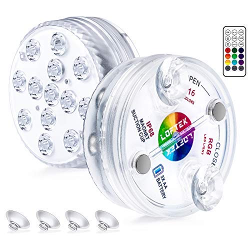 LOFTEK Submersible LED Lights with Magnets, Suction Cups, 13 LED Waterproof Underwater Led Lights with Remote RF, Battery Operated Decoration Light for Pool,Pond,Centerpieces,Foundation,Vase (2 Packs)