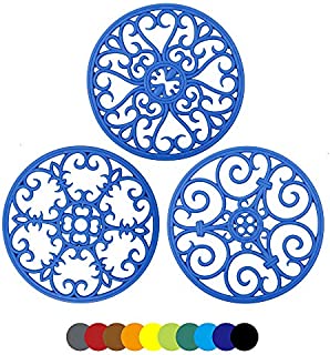 IYYI Silicone Trivet Mat Set of 3 Multi-Use Intricately Carved Hot Pot Trivets for Countertop & Table, Heat Resistant Non Slip Durable Potholder, Kitchen Mat (Dark Blue)