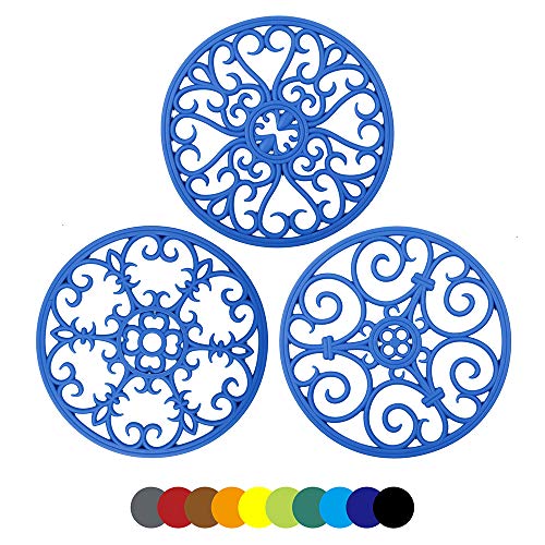 IYYI Silicone Trivet Mat Set of 3 Multi-Use Intricately Carved Hot Pot Trivets for Countertop & Table, Heat Resistant Non Slip Durable Potholder, Kitchen Mat (Dark Blue)