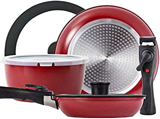 ROCKURWOK Pots and Pans Set Nonstick, Hard Anodized Cookware Set with 2 Removable Handle, Gas, Induction Compatible, Dishwasher Safe, 3-Piece, Deep Red