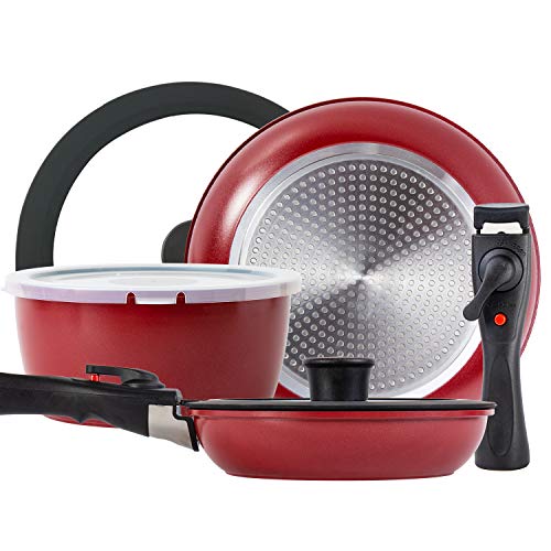 ROCKURWOK Pots and Pans Set Nonstick, Hard Anodized Cookware Set with 2 Removable Handle, Gas, Induction Compatible, Dishwasher Safe, 3-Piece, Deep Red