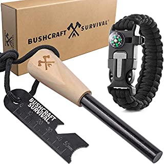 Bushcraft Survival Ferro Rod Fire Starter Kit | Ferro Rod w/Multi Tool Striker & Bonus Gift Paracord Bracelet w/Compass & Whistle for Camping Backpacking Hiking | Waterproof