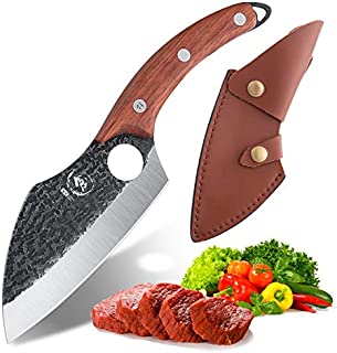 Boning Knife with Leather Sheath Hand Forged Cleaver Knife Carbon Steel Meat Butcher Chef Knife Fishing Filet Knife Outdoor BBQ Knives for Kitchen Camping with Gift Box