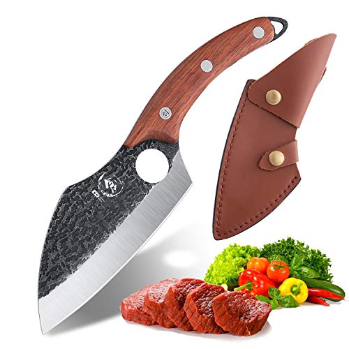 Boning Knife with Leather Sheath Hand Forged Cleaver Knife Carbon Steel Meat Butcher Chef Knife Fishing Filet Knife Outdoor BBQ Knives for Kitchen Camping with Gift Box