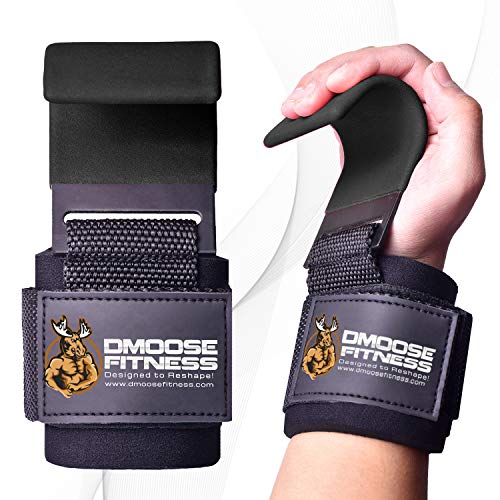 DMoose Fitness Weight Lifting Hooks Grip (Pair) - 8 mm Thick Padded Neoprene, Double Stitching, Non-Slip Resistant Coating  Secure Your Grip and Reach Your Goals (Black (Flat Hook), Flat Hook)