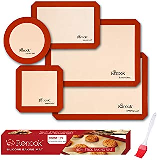 RENOOK Silicone Baking Mats Set of 5-2 Half Sheets Mats + 1 Quarter Sheet Liner + 1 Round & 1 Square Cake Pan Mat - 100% Non-Stick Reusable Food Safe Liners & Silicone Brush- Macaron, Pastry, Cookie