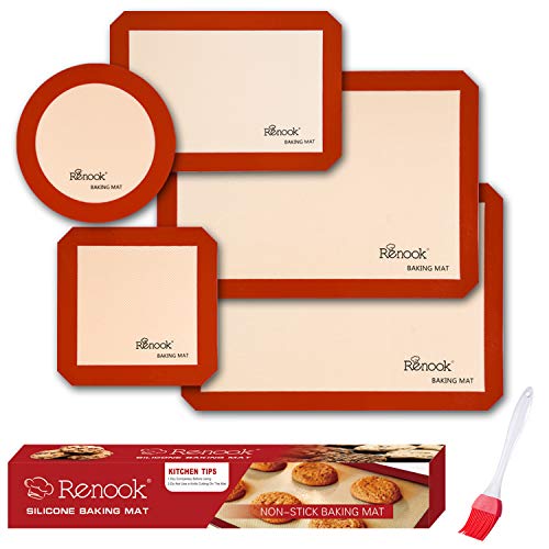 RENOOK Silicone Baking Mats Set of 5-2 Half Sheets Mats + 1 Quarter Sheet Liner + 1 Round & 1 Square Cake Pan Mat - 100% Non-Stick Reusable Food Safe Liners & Silicone Brush- Macaron, Pastry, Cookie