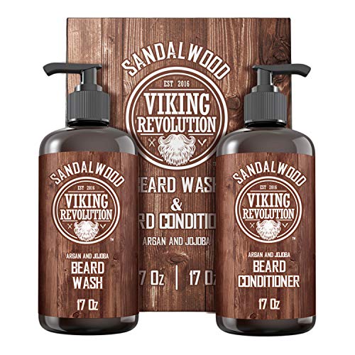 Beard Wash & Beard Conditioner Set w/Argan & Jojoba Oils - Softens & Strengthens - Natural Sandalwood Scent - Beard Shampoo w/Beard Oil (17oz)