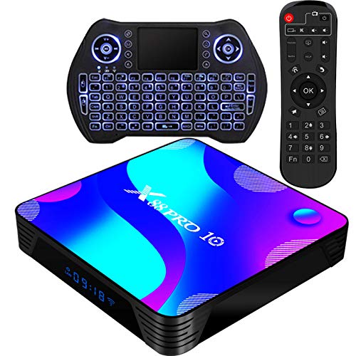 Newest Android TV Box 11.0, Smart TV Box RK3318 2GB 16GB Support 2.4G 5.8G WiFi Bluetooth 4.1 with Mini Backlit Keyboard Ethernet LAN 3D 4K Video Android TV Player Google Mini PC Set Top TV Box