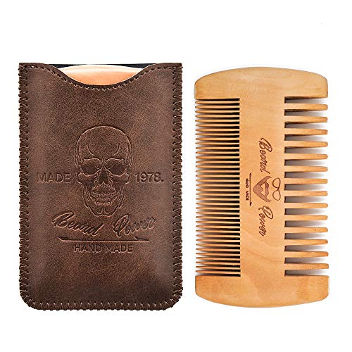 Beard Power Wooden Beard Comb & Durable Case for Men with Sexy Beard, Fine & Coarse Teeth, Pocket Comb for Beards & Mustaches,Brown Skull Design