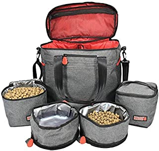 KONG Pet Travel Bag (5-Piece) & Washable Tote Organizer - Food Storage Containers & Collapsible Bowls, Multi-Functional Pockets - Great Weekend Pet Travel Set for Dog