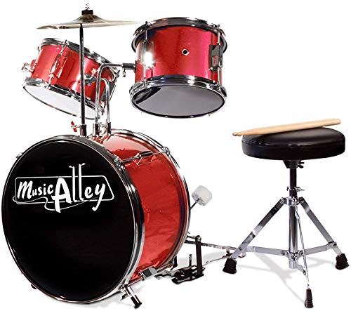 Music Alley 3 Piece Kids Drum Set with Throne, Cymbal, Pedal & Drumsticks, Red, (DBJK02-MR)