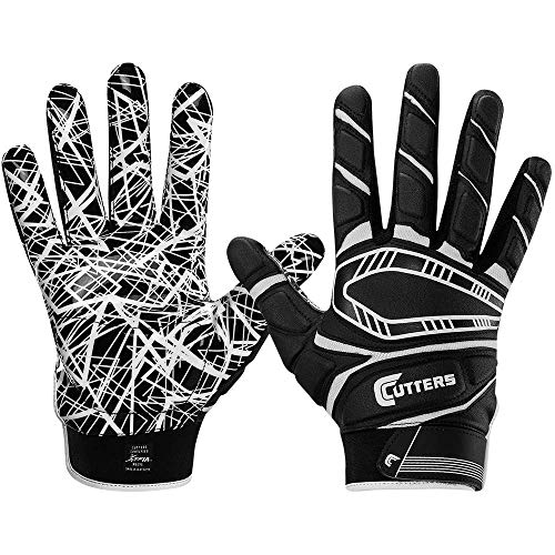 Cutters Game Day Padded Football Glove for Lineman and All- Purpose Player. Grip Football Glove, Youth & Adult Sizes, 1 Pair, BLACK, YOUTH: Large