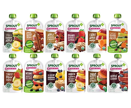 Sprout Organic Baby Food, Stage 2 Pouches, 12 Flavor Fruit Veggie & Grain Variety Sampler, 3.5 Oz Purees (Pack of 12)